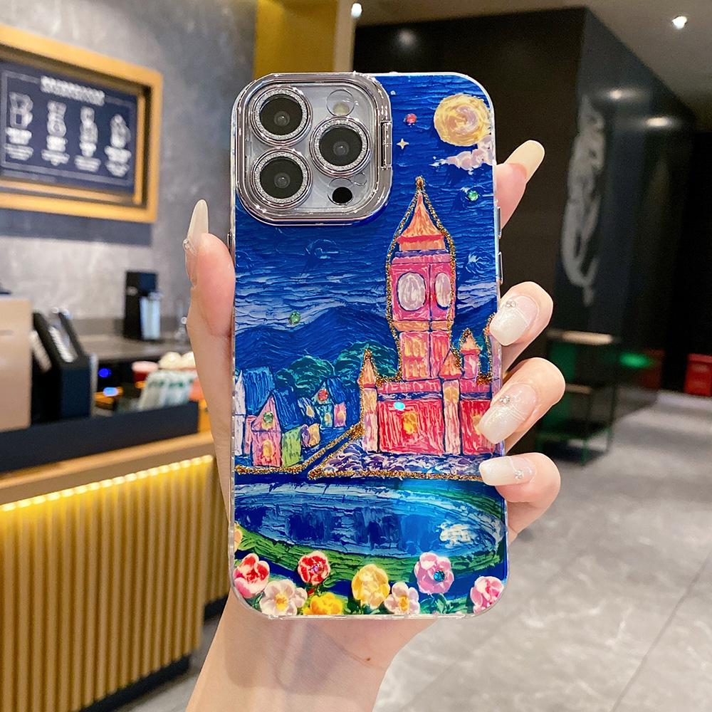 For iPhone 16ProMax 16 15 14 13 12 11 Phone Case with Diamond Camera Kickstand, Rich Girl Women Leopard Print Rainbow Castle, Oil Painting Camera Frame Anti-drop Hard Shockproof Full Cover