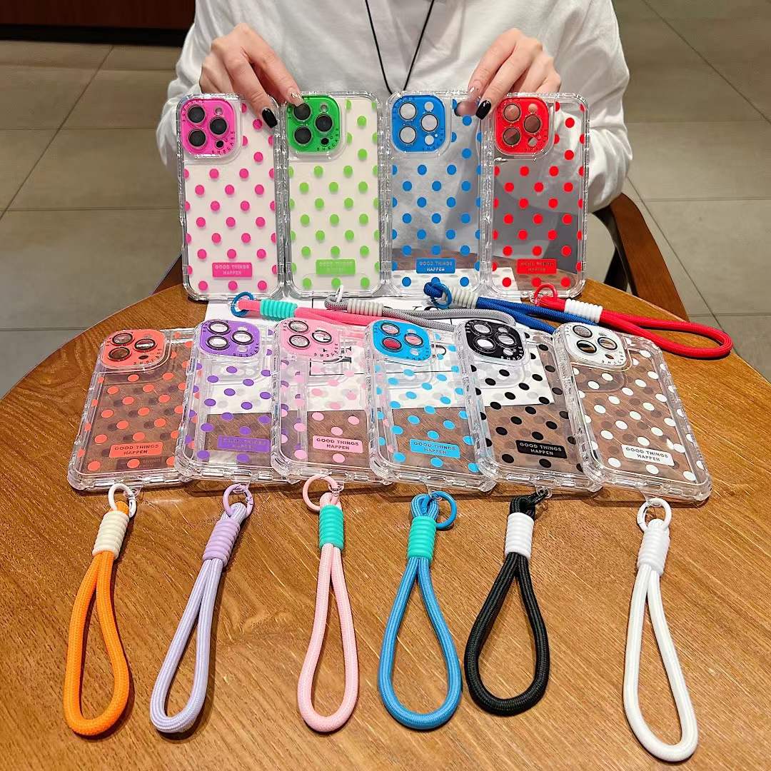 For iPhone 16ProMax 16 15 14 13 Phone Case With Short Wristband, Colorful 3 in 1 Transparent Luxury Wave Point Acrylic Anti Fall, With Camera Protector Shockproof Clear Hard Full Cover