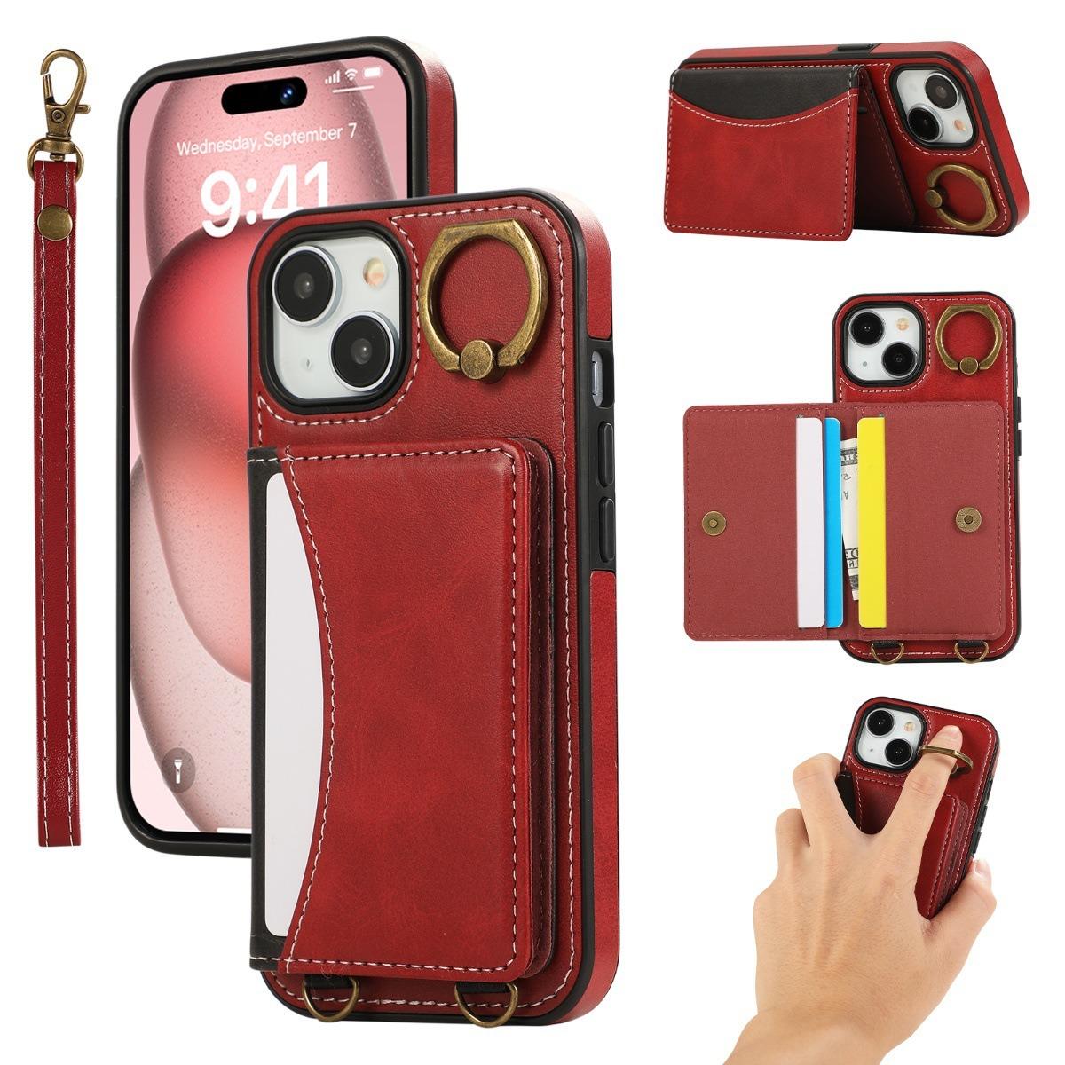 For iPhone 16ProMax 16 15 14 13 12 Leather Phone Case with Double Folding Wallet Wristband, Anti-Fall Card Slot Kickstand Shockproof Business Hard Full Cover