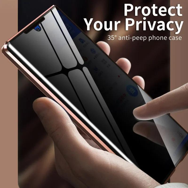 Privacy Tempered Glass Front Acrylic Magnetic Ring Black Cover Double Sided Magnetic Phone Case for Samsung S25Ultra S25 S24 S23 S22 S21 Metal Frame Anti-peep Full Case with Len Protection