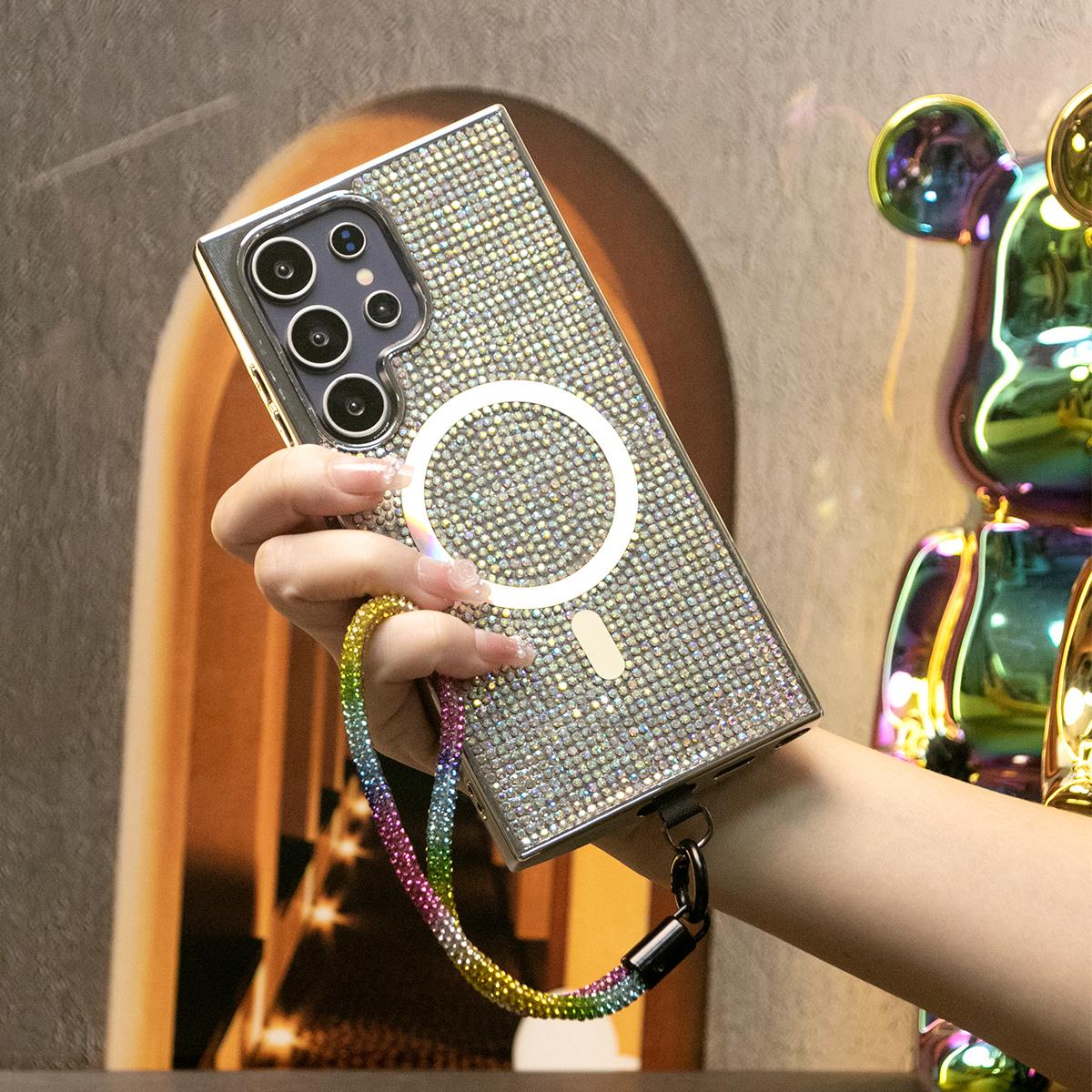Luxury Glitter Rhinestone Plating Diamonds Magnetic Wireless Charging Phone Case With Rhinestone Wristband For iPhone 16 15 14 13 12 11 Shockproof Protection Bumper Hard Full Cover