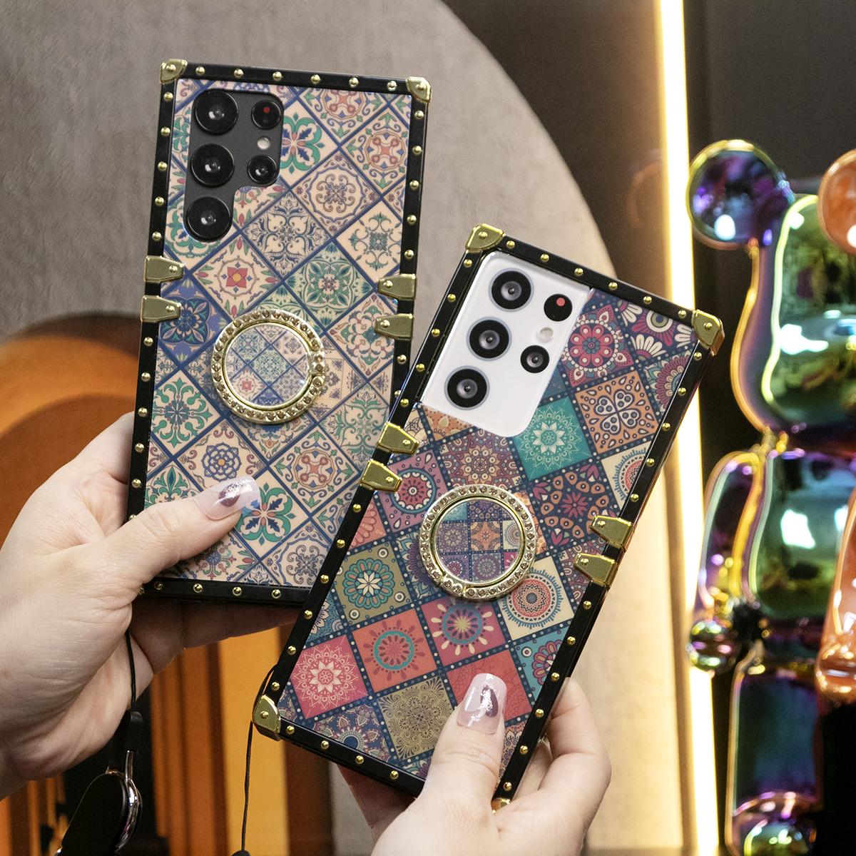 Luxury Glitter Retro Flower Pattern Cover For Samsung S25 S24 S21 S22 S23Ultra Fashion Geometric Square Case For Samsung A74 A73 A72 A71 A55 A54 A53 A52 A35 A34 A24 A25 A14 A15