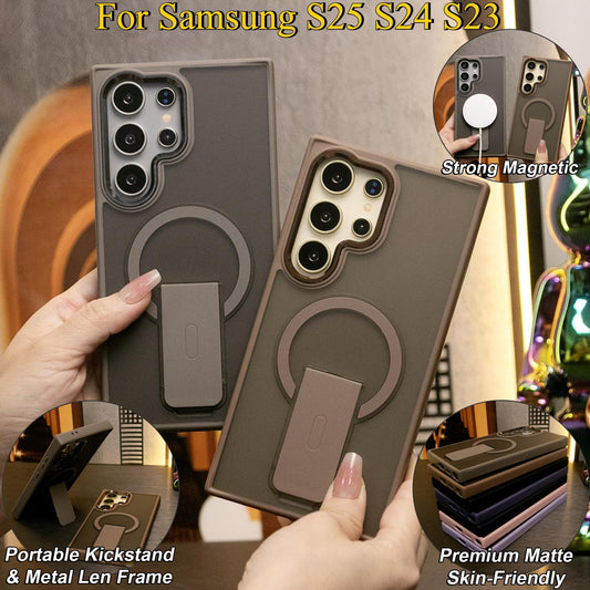 Matte Clear Kickstand Magnetic Phone Case For Samsung S25Ultra S25Plus S25 S24Ultra S24FE S24 S23Ultra S23 [Not Yellowing] [Skin Feel] Metal Camera Frame Shockproof Hard Full Cover