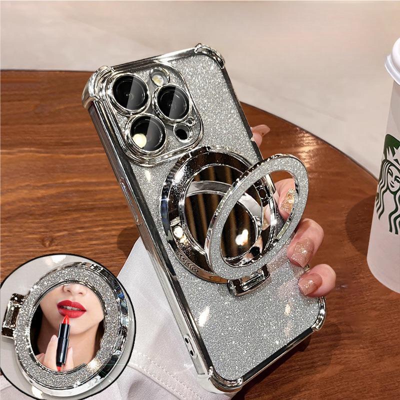 Glitter Gradient Plating Acrylic with Len Protector Phone Case with Mirror Kickstand For iPhone 16ProMax 15 14 13 12 Four Corner Shockproof Hard Full Cover