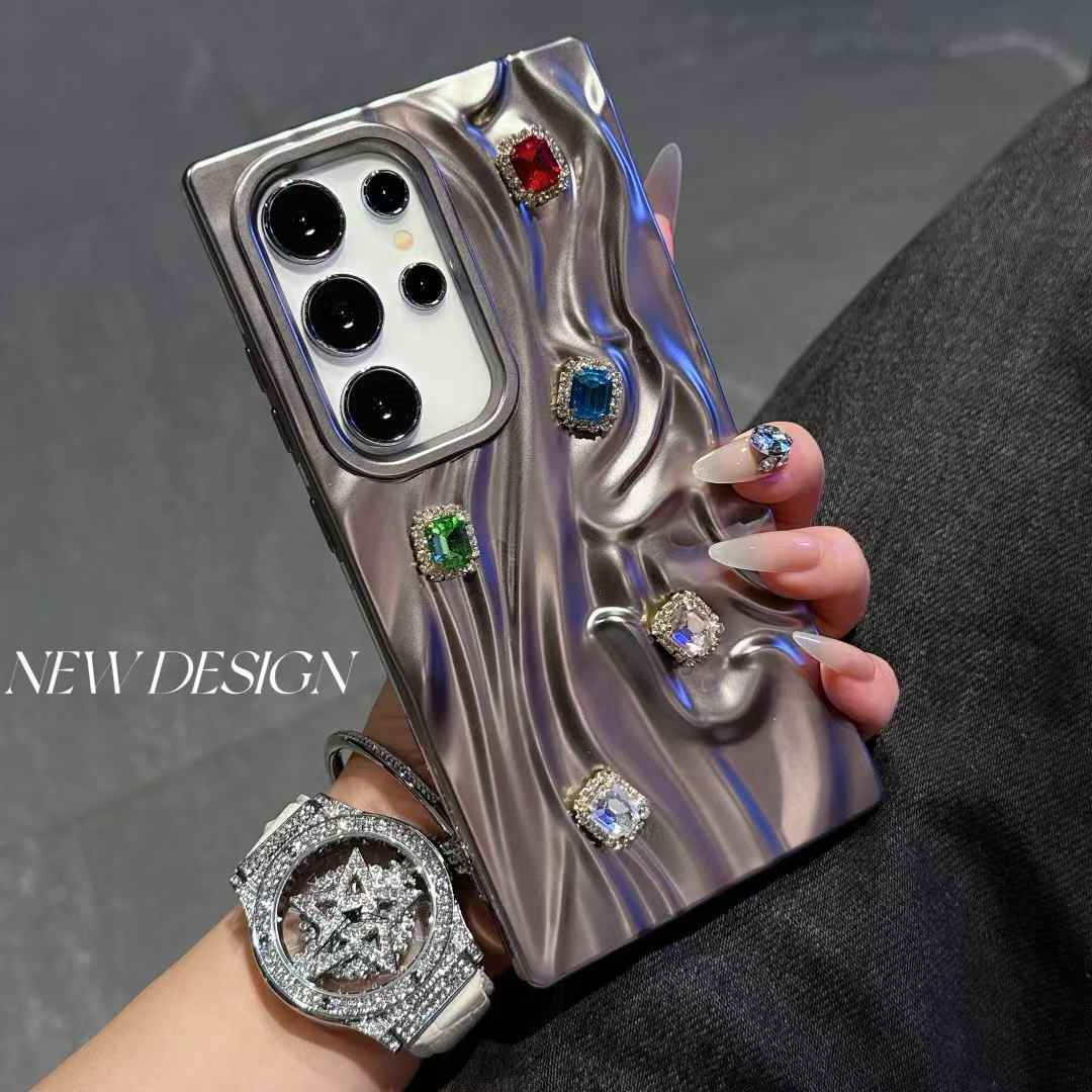 For Samsung S25Ultra S25 S24 A56 A55 A54 A36 A35 A26 A25 A16 A15, Rhinestone Fancy Shape Cool Wrinkled Tin Foil Pattern Plating Hollow Heat Dissipation Case Cooling Soft Back Cover