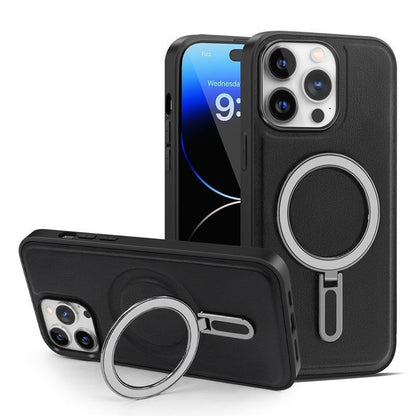 Luxury Full Leather Glossy Kickstand Phone Case For Magsafe For iPhone 16ProMax 16 15 14 13 12 11 Metal Ring Magnetic Metal Holder Shockproof Stand Back Cover