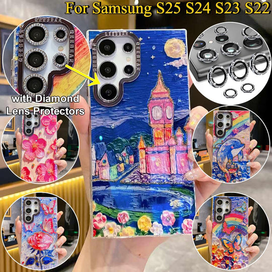 For Samsung S25 S24 S23 S22 Phone Case with Diamond Lens Protectors, Luxury Castle Panda Leopard Rainbow Butterfly Elephant Girl Oil Painting Metal Camera Frame Anti-drop Hard Shockproof Full Cover