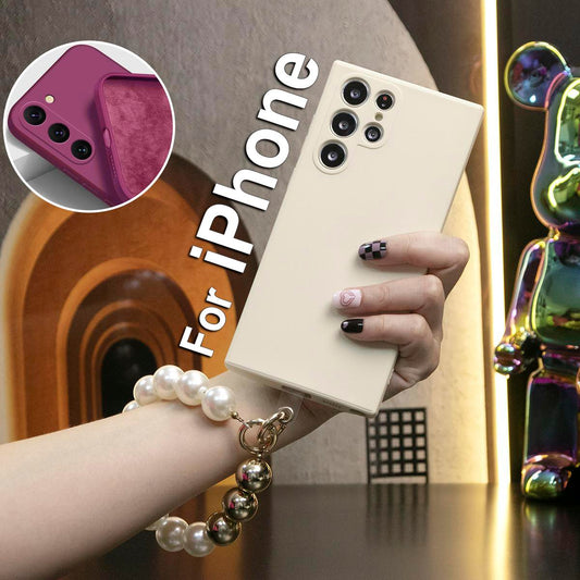 Liquid Silicone Matte Shockproof Phone Case with Pearl Metal Wristband For iPhone 16 15 14 13 12 11 XR XSMax X/XS Camera Protect Soft Cover