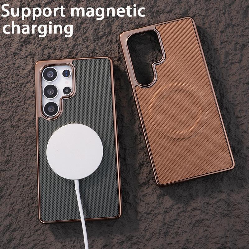 For Samsung S25Ultra S24 S23 S22 Plus FE Phone Case, Plating Antislip Matte Luxury Leather Emboss Strong Magnetic Slim Protection Shockproof Hard Full Cover