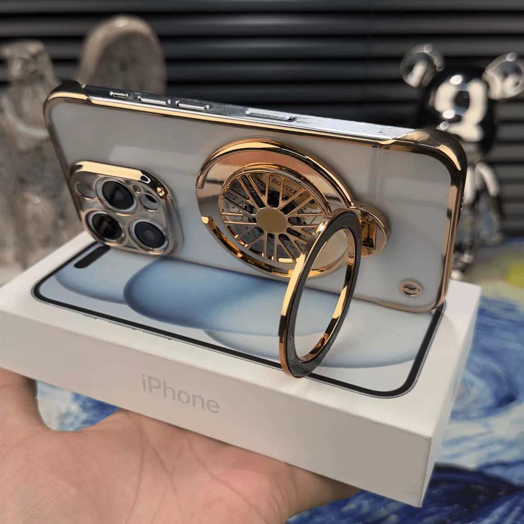 Ultra Slim Frameless Plating PC with Len Protector Phone Case with Metal Magnetic Gyro Rotating Kickstand For iPhone 16ProMax 15 14 13 12 Shockproof Support Wireless Charging Hard Full Cover