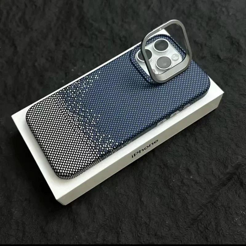 Carbon Fiber Matte Strong Magnetic Camera Kickstand Hardware Shockproof Phone Case For iPhone 16ProMax 15 14 13 Support Wireless Charging Hard Full Cover