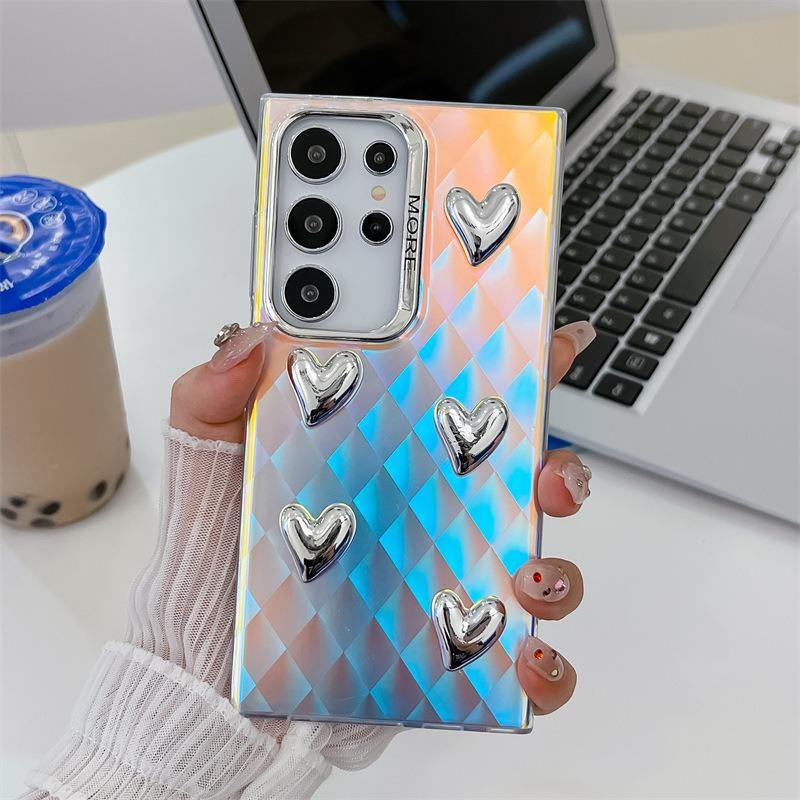 For Samsung S25 S24 S23 S22 A15 A25 A35 A54 A55 Phone Case, Electroplating Laser Love Heart Pattern Acrylic Slim, Camera Protection Non-Yellowing Hard Cover