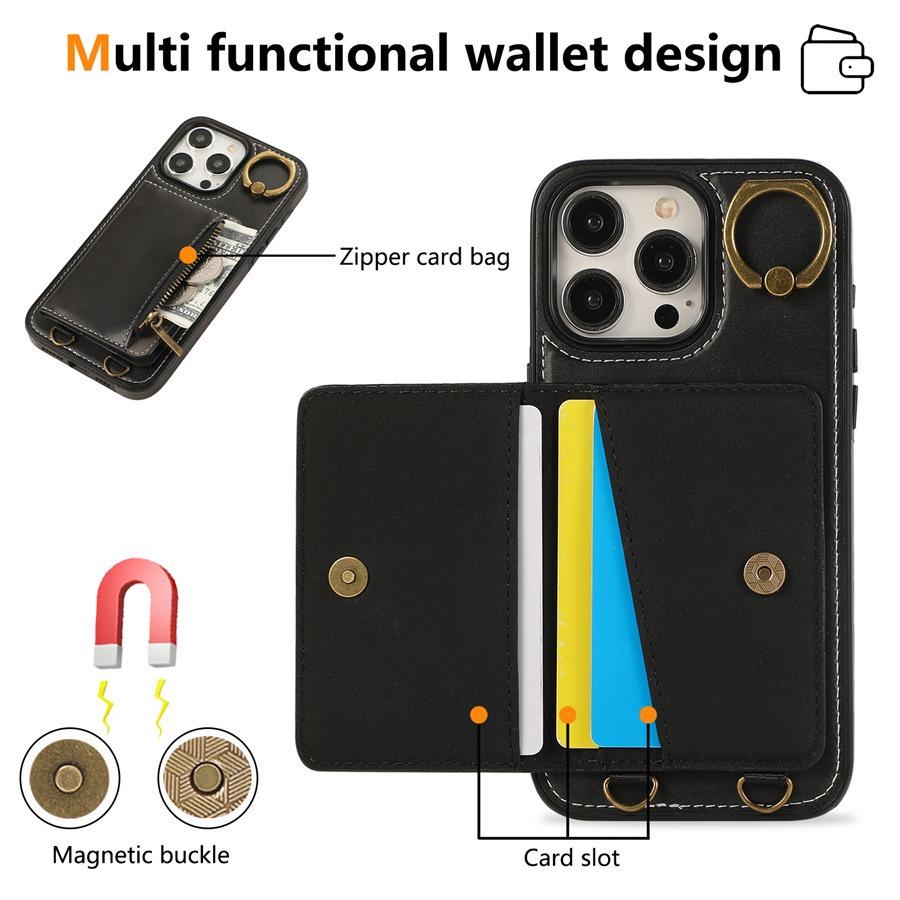 For iPhone 16ProMax 16 15 14 13 12 Leather Phone Case with Double Folding Wallet Wristband, Anti-Fall Card Bag Kickstand Shockproof Business Hard Full Cover