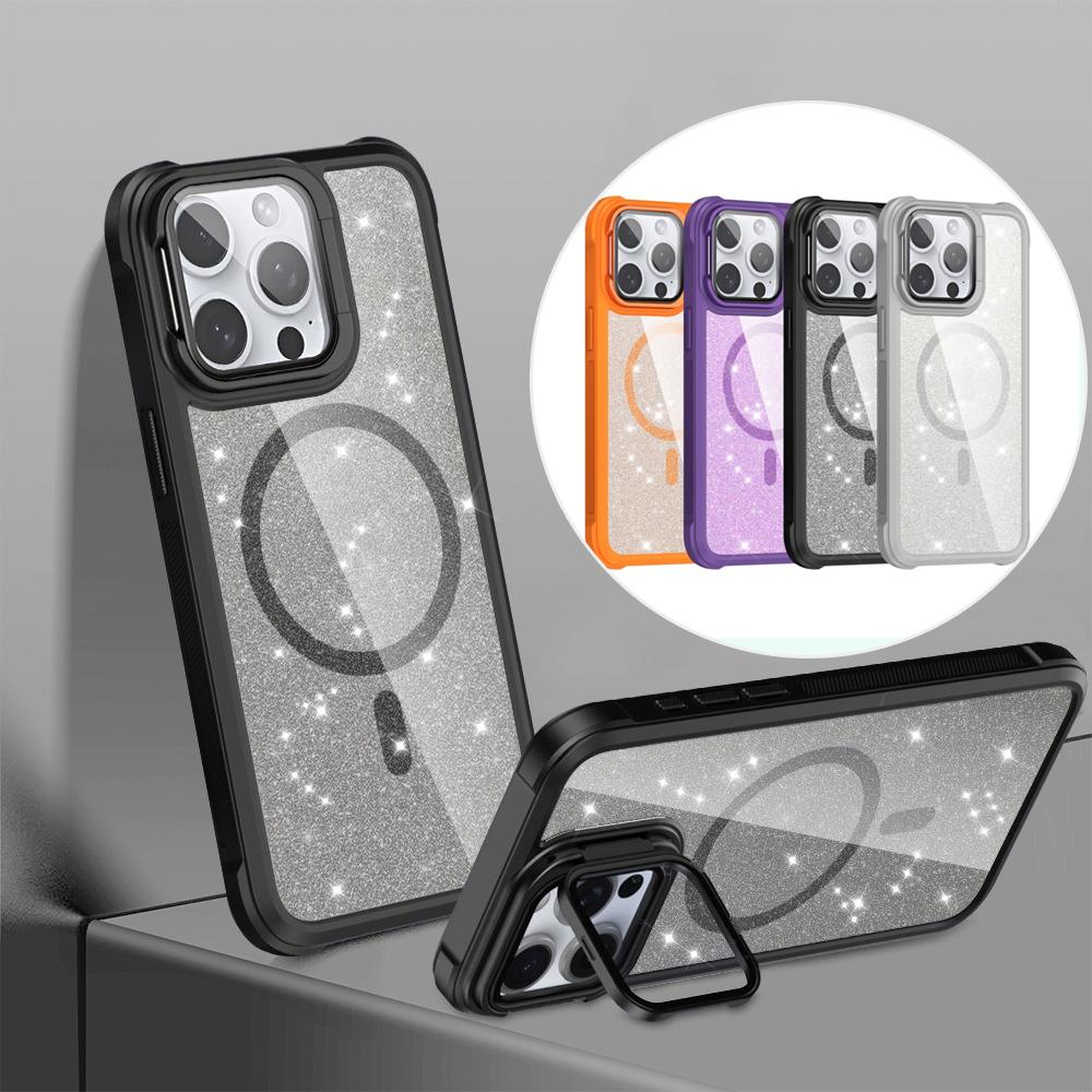 For iPhone 16ProMax 16 15 14 13 12 11 Strong Magnetic Phone Case, Glass Camera Kickstand Protection, Glitter Clear Acrylic Four Corner Shockproof Bumper Hand Feel Hard Full Cover