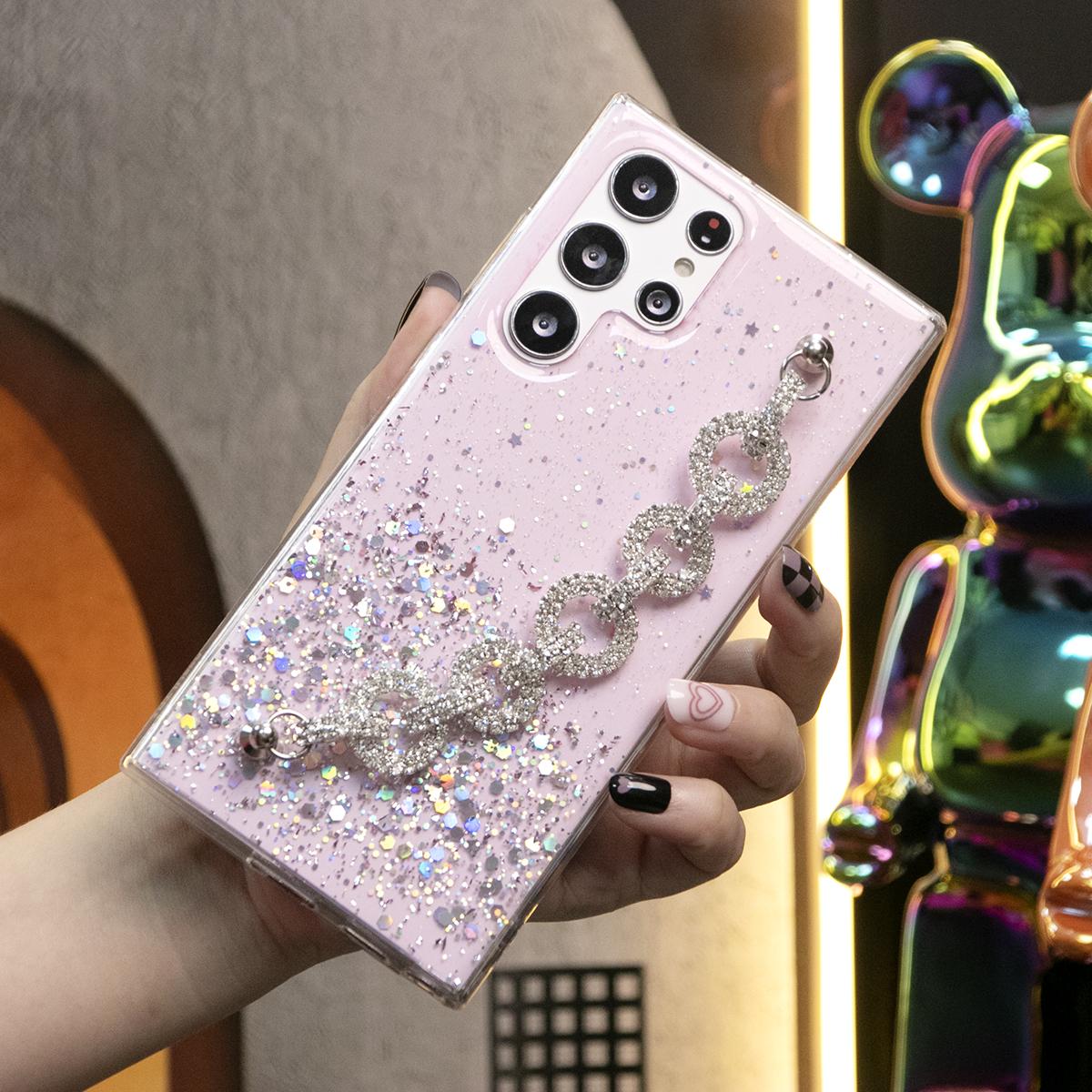 Glitter Star Sequin With Diamond Rhinestone Chain Phone Case For iPhone 16 15 14 13 12 11 XR XSMax X/XS Clear Soft TPU Back Cover