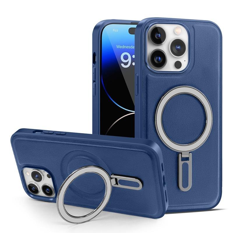 Luxury Full Leather Glossy Kickstand Phone Case For Magsafe For iPhone 16ProMax 16 15 14 13 12 11 Metal Ring Magnetic Metal Holder Shockproof Stand Back Cover
