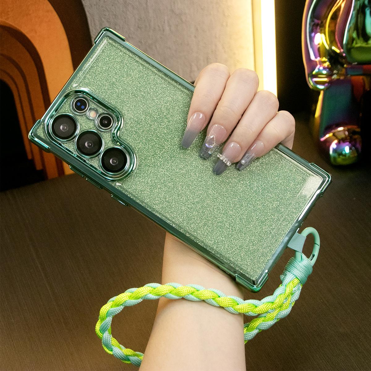Luxury Glitter Plating Four Corners Shockproof Clear Case With Woven Wristband For Samsung S25 S24 S23 S22 S21 Note20 Transparent Hard Acrylic Hybrid Bumper Armor Cover