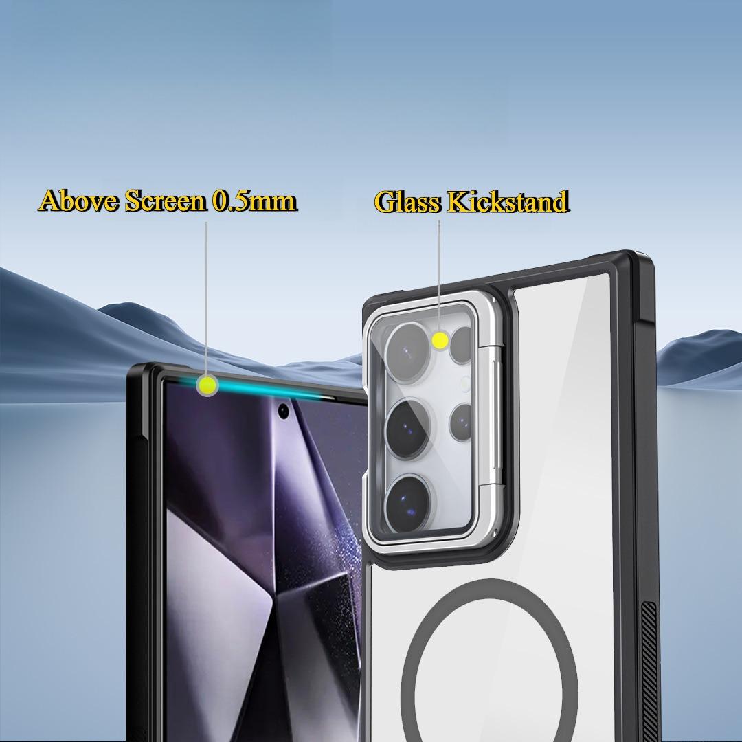 For Samsung S25Ultra S25 S24 S23 S21FE S20FE Strong Magnetic Phone Case, Glass Camera Kickstand Protection, HD Acrylic Four Corner Shockproof Bumper Hand Feel Hard Full Cover