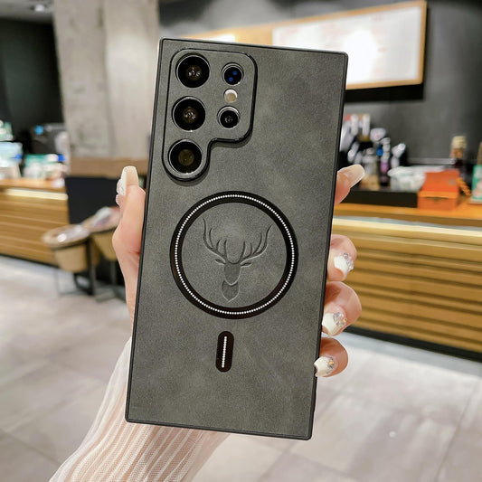For Samsung S25Ultra S25Edge S24 S23 S22 S21 Note20 Case, Deer Pattern Matte Suede Leather Magnetic Shockproof Anti-Slip Hard Phone Case