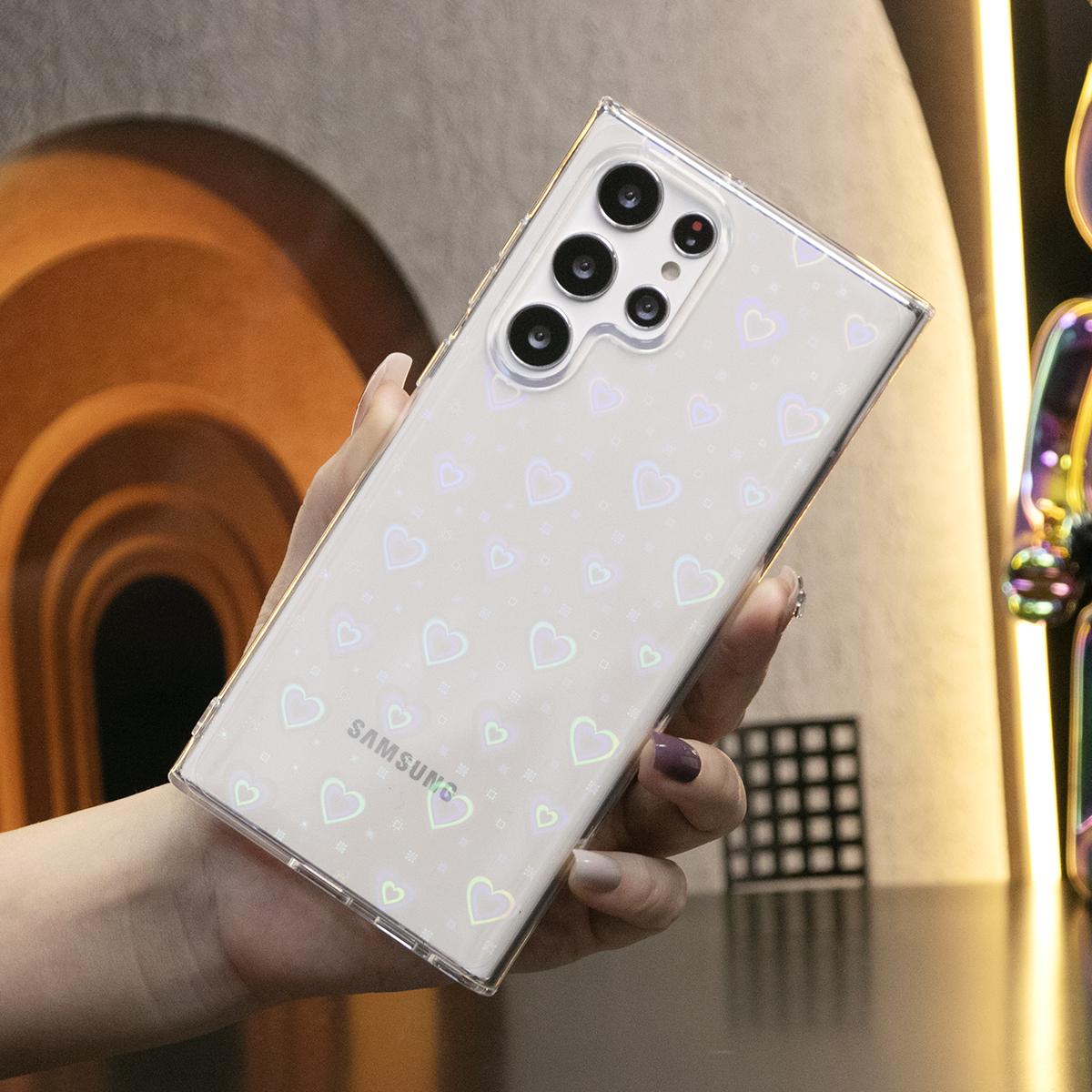 For Samsung S25Ultra S25 S24FE S24Ultra S23 S22 A55 A35 A25 A15 Plus Ultra Phone Case, Clear Laser Love Heart, Glitter Shockproof Hard Full Cover