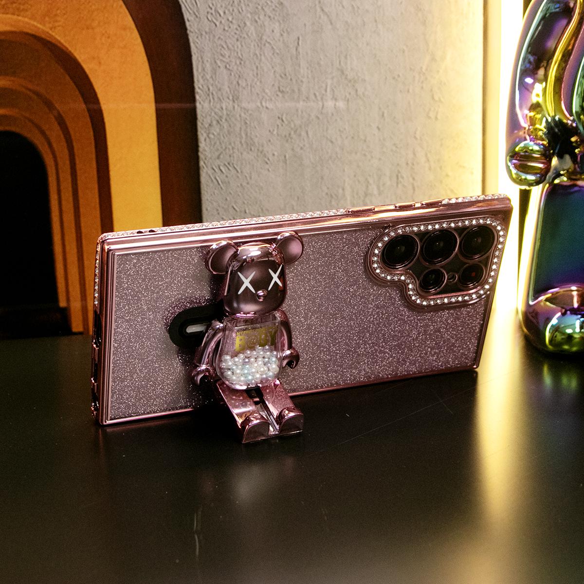 For Samsung S25Ultra S25 S24 S23 S22 Plus Ultra Case, Clear Rhinestone Candy Bear Kickstand, Glitter Luxury Elegant Plating Case Camera Protection Shockproof Soft Cover