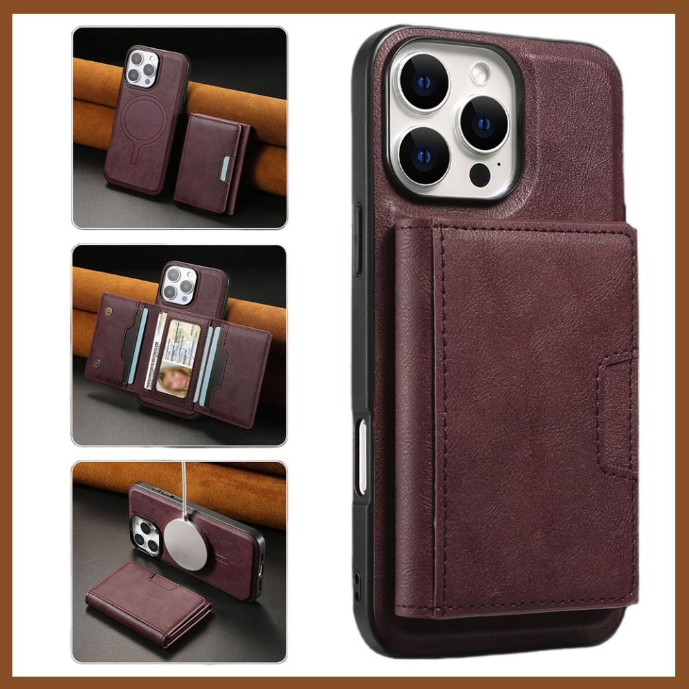For iPhone 16ProMax 16 15 14 13 12 Leather Phone Case with Strong Magnetic Triple Fold Wallet, Anti-Fall Card Bag Kickstand for Magsafe Shockproof Business Hard Full Cover