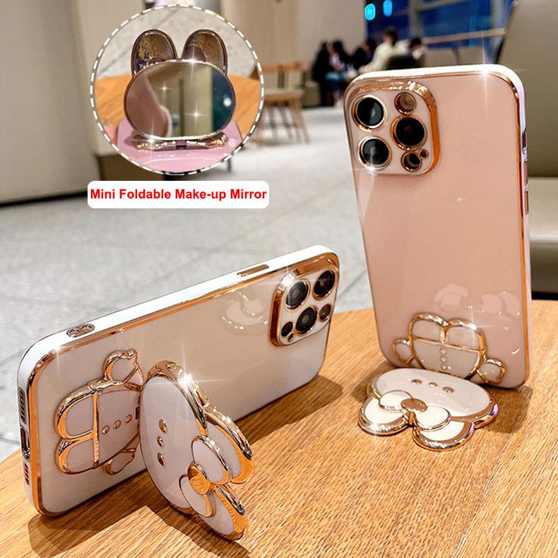 Cute Rabbit Mirror Stand Plating Phone Case for Samsung S25Ultra S25Plus S25 S24Ultra S24Plus S24 S24FE