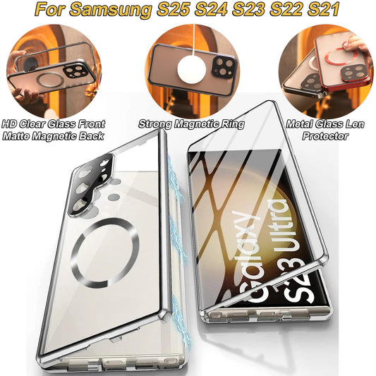 HD Clear Magnetic Double Sided Tempered Glass Front Matte Magnetic Ring Back Phone Case For Samsung S25Ultra S25 S24 S23 S22 S21 Aluminum Alloy Frame Full Cover [Not Support Fingerprint]