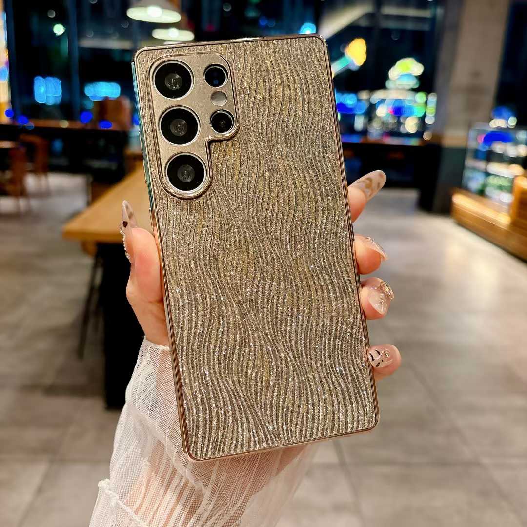 For Samsung S25Ultra S25Edge S25 S24 S23 Phone Case, Luxury Glitter Slim Water Ripple Pattern Plating Matte Leather Len Protection Shockproof Hard Full Cover