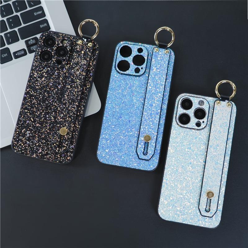 For iPhone 16ProMax 16 15 14 13 12 11 Case With Wristband, Luxury Glitter Durable Faux Leather Kickstand Shockproof Phone Case