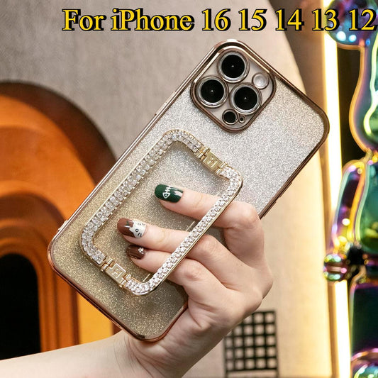 Glitter Transparent Gradient 3D Crystal Square Holder Plating Phone Case For iPhone 16 15 14 13 12 Pro Max Clear Soft TPU Back Cover