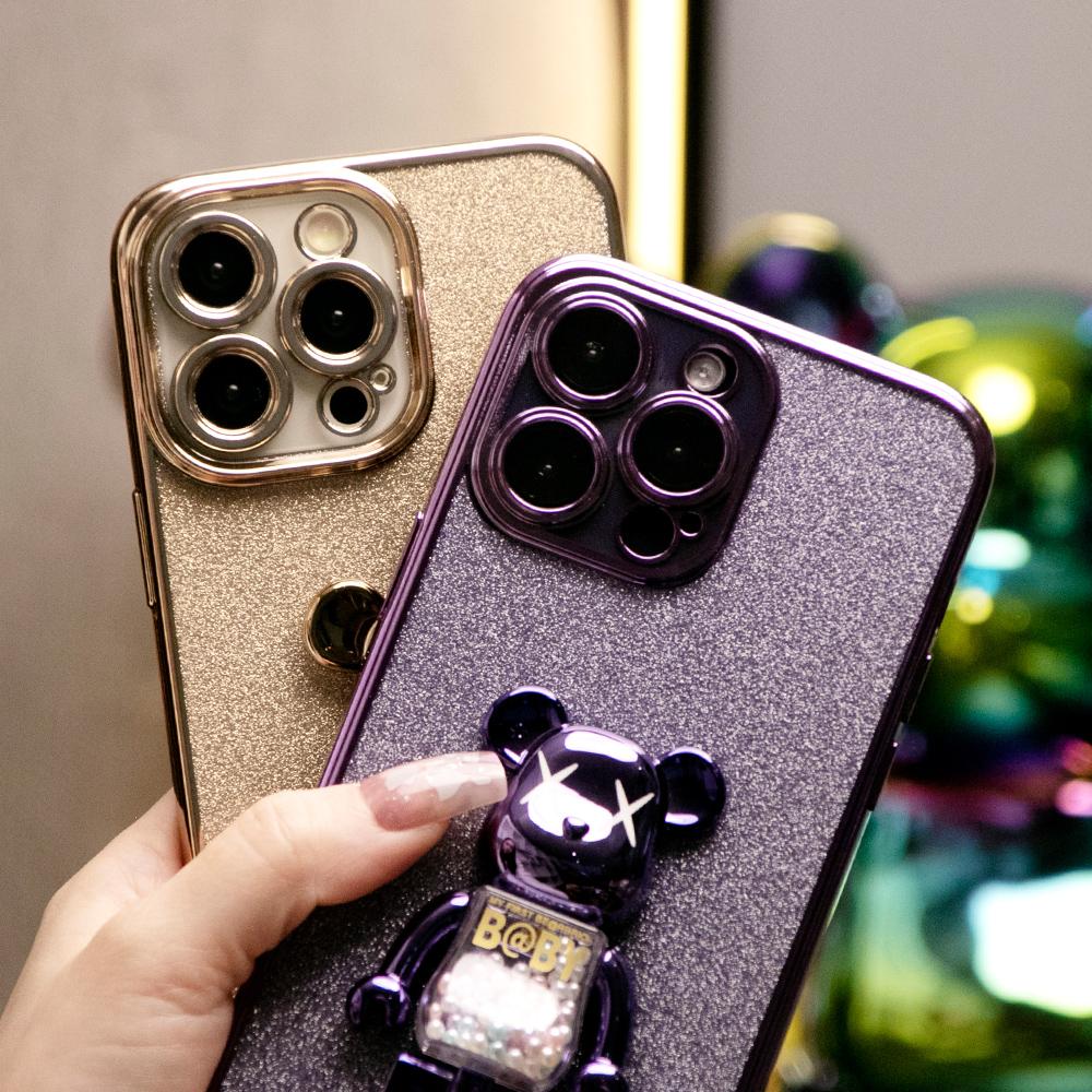 Glitter Electroplated 3D Candy Bear Holder Phone Case For iPhone 16 15 14 13 Pro Max