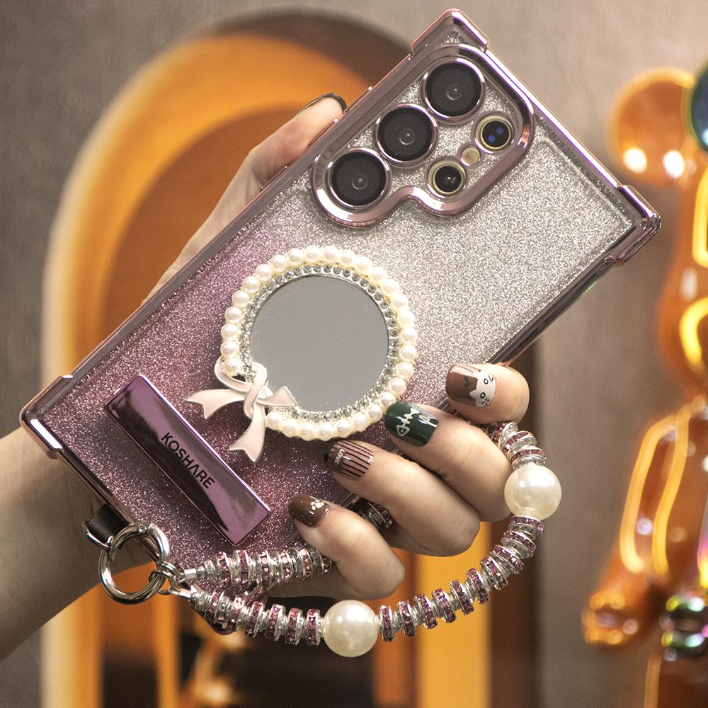 Gradient Plating Four Corners Bowknot Mirror Thin Kickstand Case with Pearl Diamond Wristband for Samsung S25Ultra S25 S24 S23 S22 S21 Note20 A53 A54 A55 Hard Acrylic Bumper Full Cover