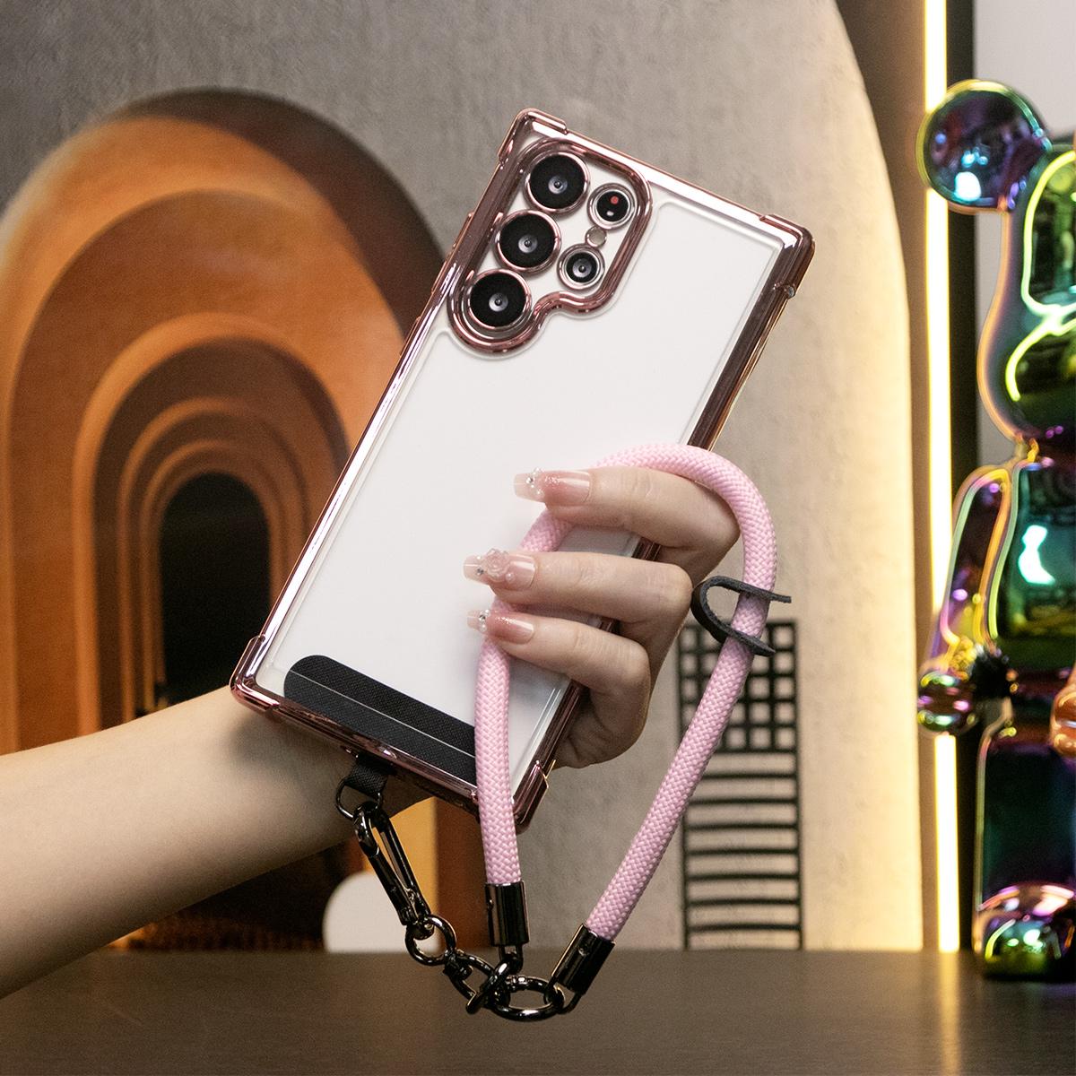 Electroplated Four Corners Anti-fall Transparent Hard PC Phone Case With Multifunctional Wristband For Samsung S25Ultra S25 S24FE S24Ultra S24 S22 S21 Note20, Full Cover with Camera Protector