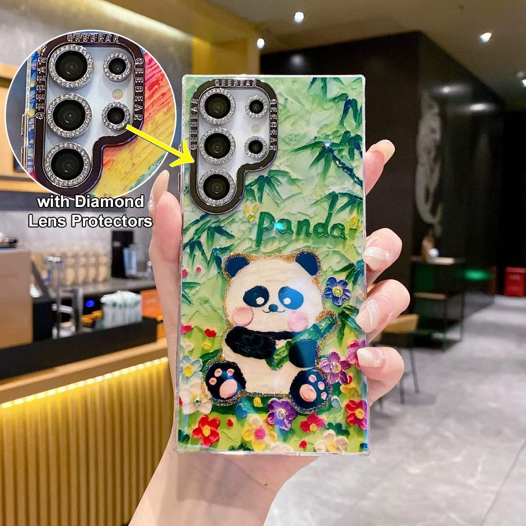 For Samsung S25 S24 S23 S22 Phone Case with Diamond Lens Protectors, Luxury Castle Panda Leopard Rainbow Butterfly Elephant Girl Oil Painting Metal Camera Frame Anti-drop Hard Shockproof Full Cover