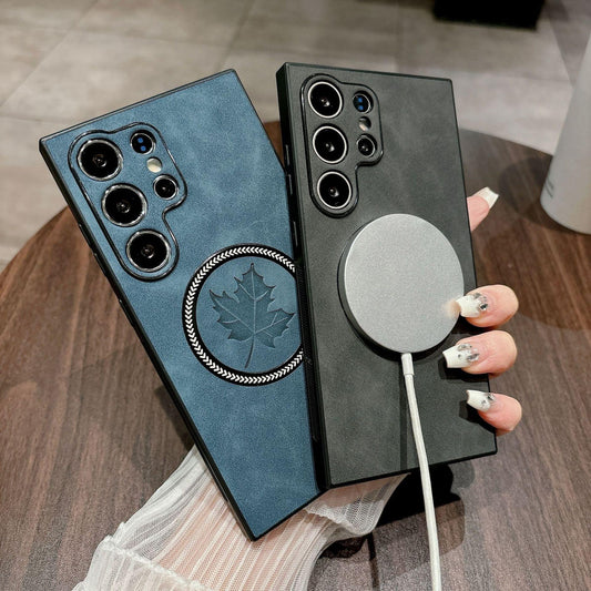 For Samsung S25Ultra S25Edge S24 S23 S22 S21 Note20 Case, Maple Leaf Pattern Matte Suede Leather Magnetic Shockproof Anti-Slip Hard Phone Case