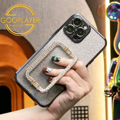 For iPhone 16 15 14 13 Pro Max Phone Case, Clear Gradient Glitter Square Kickstand TPU Luxury Plating Slim Soft Full Cover