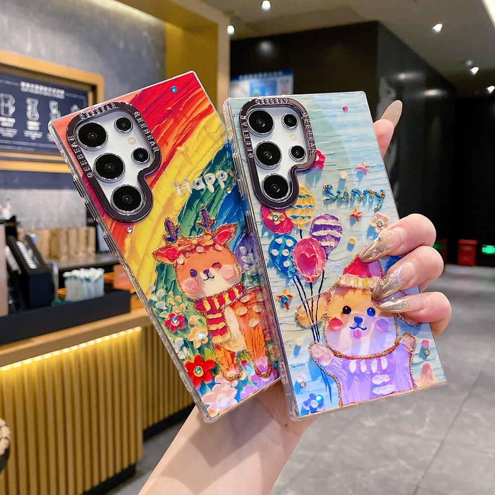 For Samsung S25 S24 S23 S22 A35 A36 A26 A54 A55 A56 Phone Case, Rich Girl Women Nabobess Leopard Print Rainbow Deer Balloon Puppy, Oil Painting Camera Frame Anti-drop Hard Shockproof Full Cover