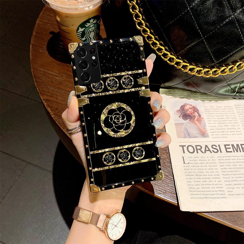 Luxury Glitter Dazzling Phantom Flower Case For iPhone 16 15 14 13 12 11 Plus Pro Max Fashion Bracket Lanyard Square Case Back Cover