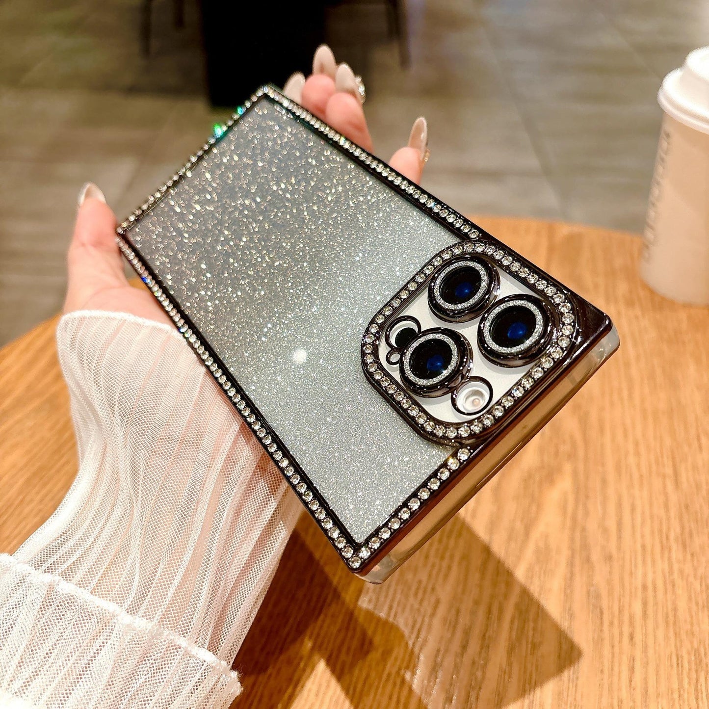 Glitter Rhinestone Clear TPU Square Phone Case with Len Protector For iPhone 16ProMax 15 14 13 Transparent Bumper Shockproof Soft Full Cover