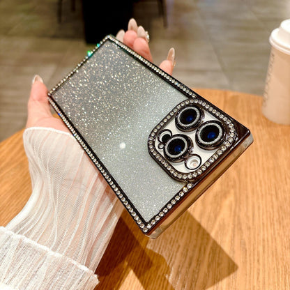 Glitter Rhinestone Clear TPU Square Phone Case with Len Protector For iPhone 16ProMax 15 14 13 Transparent Bumper Shockproof Soft Full Cover