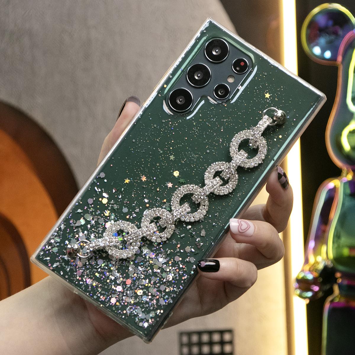 Glitter Star Sequin With Diamond Chain Phone Case For Samsung S25 S24 S23 S22 S21 Note20 A15 A25 A35 A55 Clear Soft TPU Back Cover