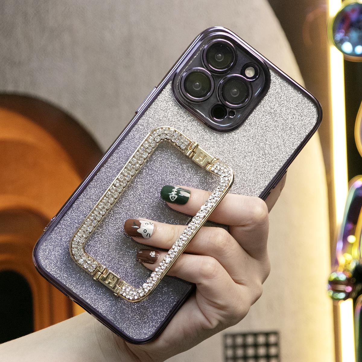 For iPhone 16 15 14 13 12 11 XR XSMax X/XS Phone Case, Rhinestone Square Kickstand, Glitter Gradient Clear Plating Luxury Elegant Case Pop Stand Shockproof Soft Cover