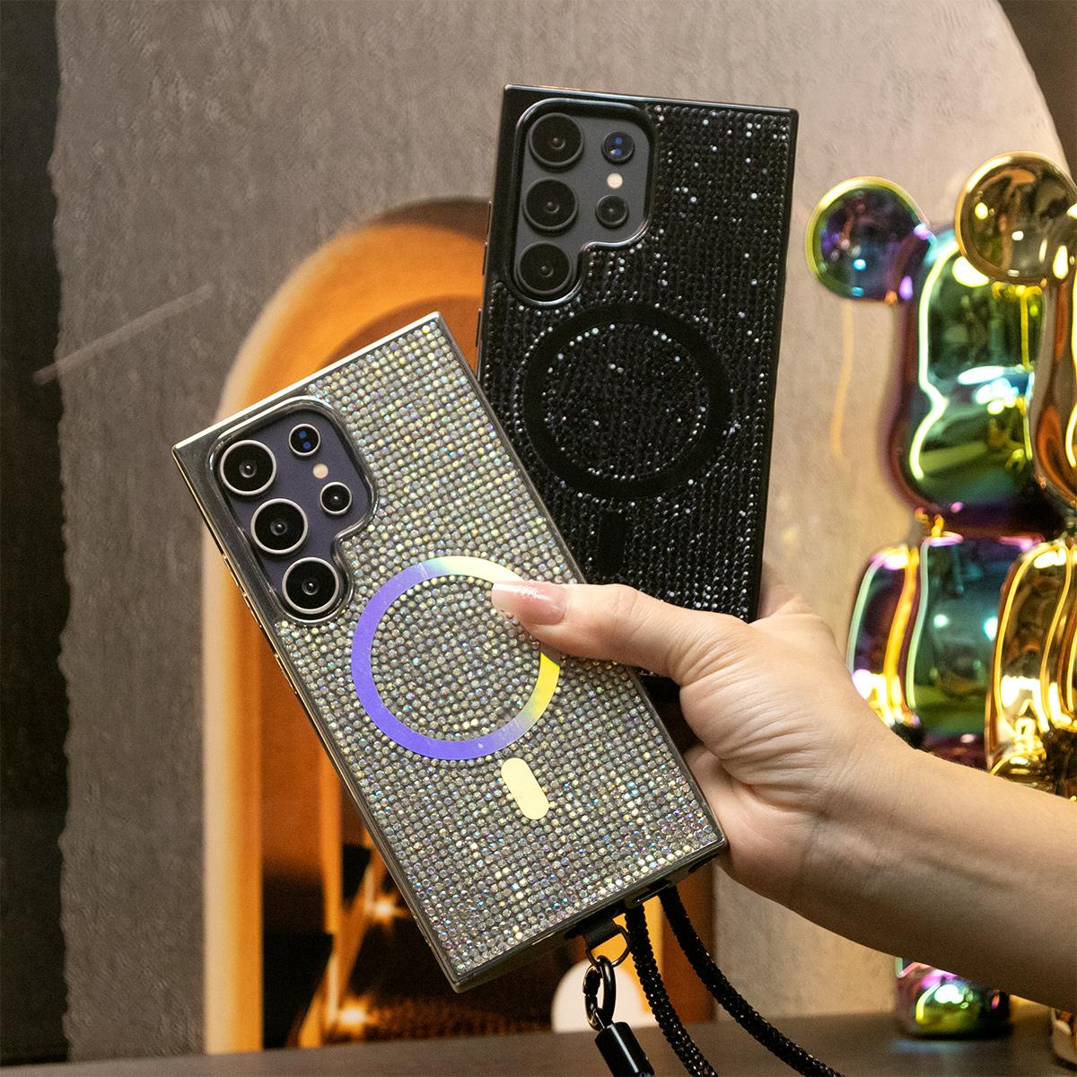Luxury Glitter Rhinestone Plating Diamonds Magnetic Wireless Charging Phone Case With Rhinestone Wristband For Samsung S25 S24 S23 Shockproof Protection Soft Bumper Cover
