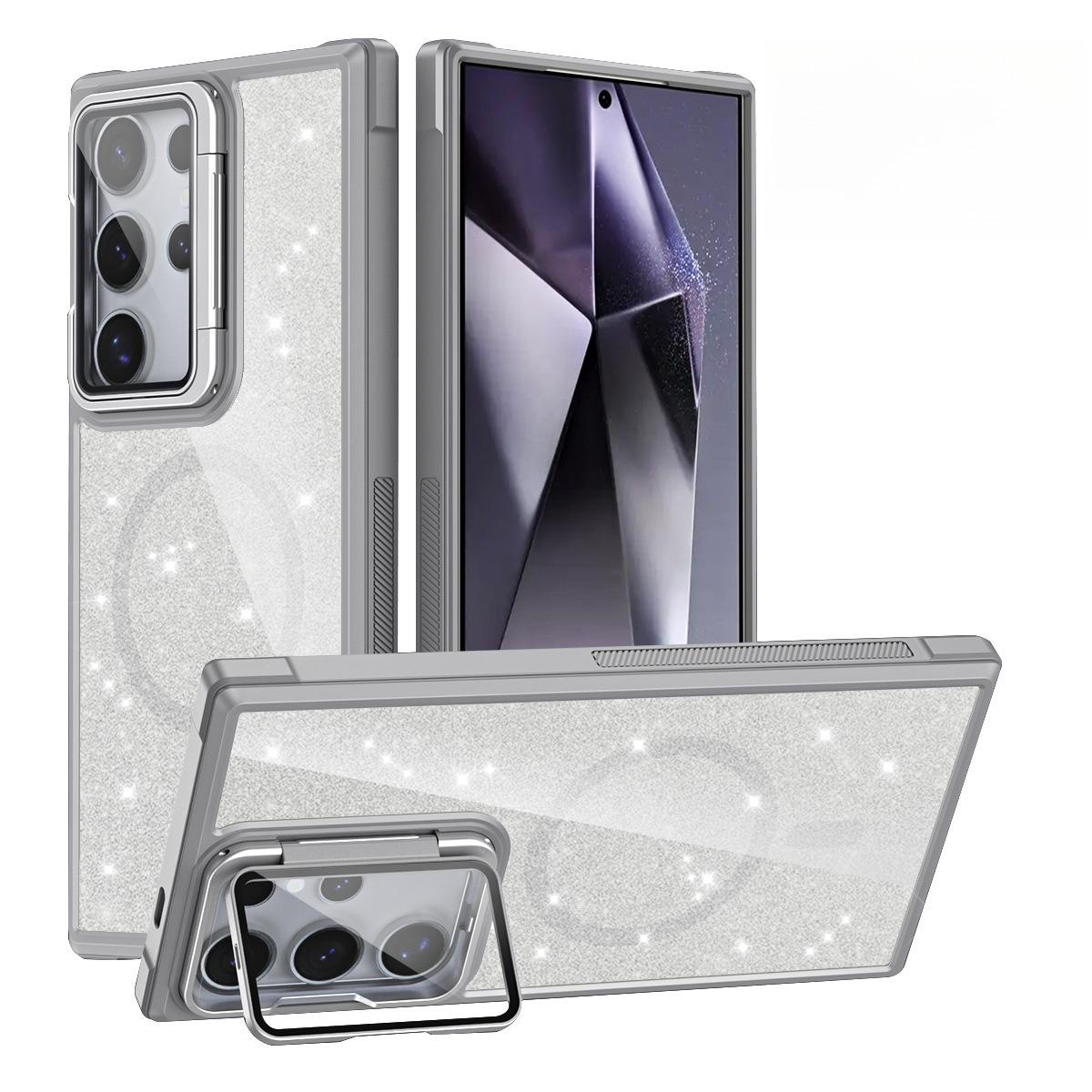 For Samsung S25Ultra S25 S24 S23 S21FE S20FE Strong Magnetic Phone Case, Glass Camera Kickstand Protection, Glitter Clear Acrylic Four Corner Shockproof Bumper Hand Feel Hard Full Cover