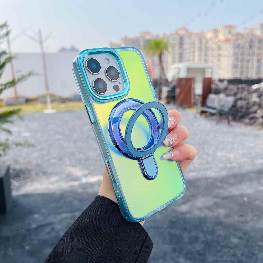 Strong Magnetic Kickstand Laser Gradient Chameleon For Magsafe Phone Case For iPhone 16 15 14 13 12 11 Pro Max Plus Metal Frame Acrylic Shockproof Hard Cover