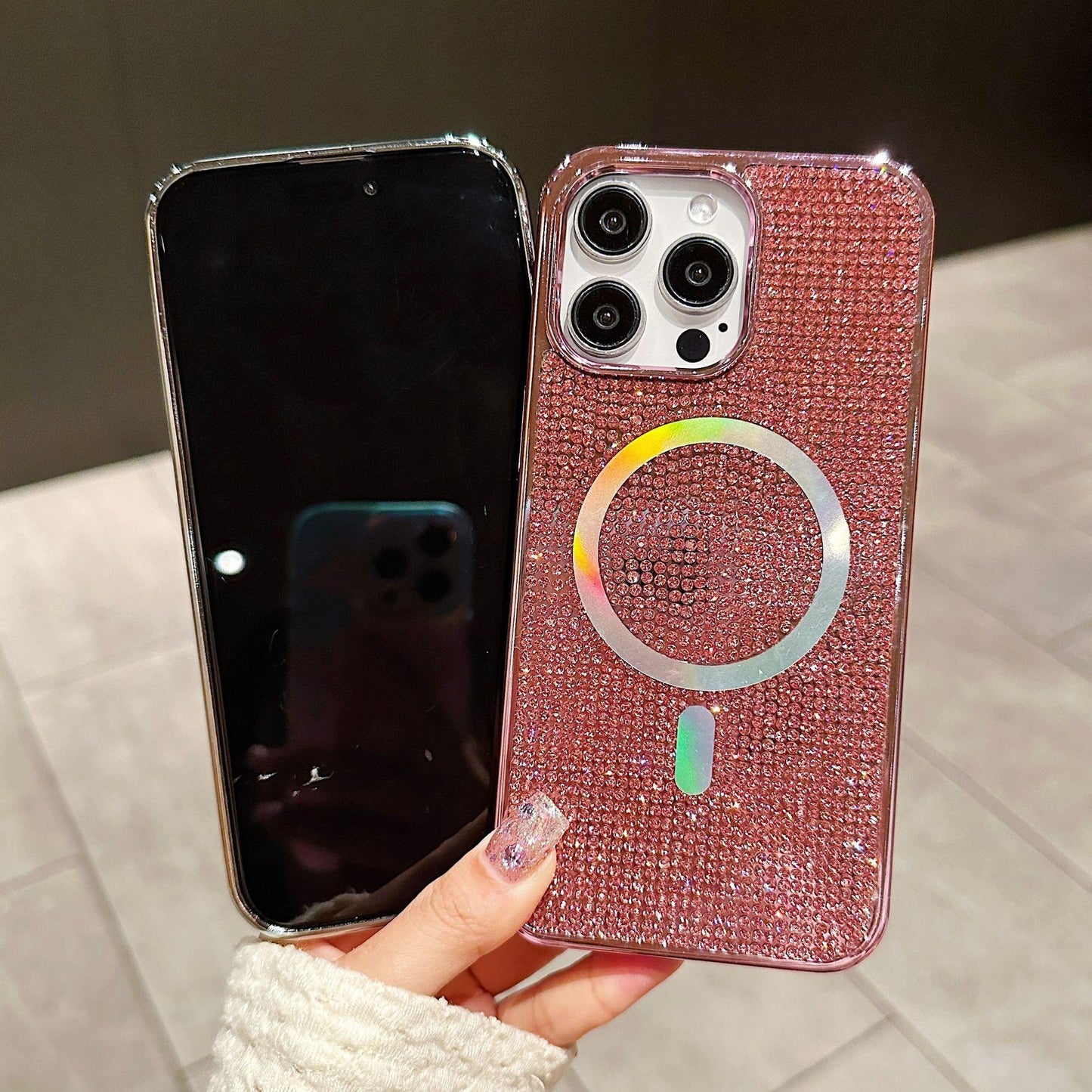 Luxury Rhinestone Glitter Plating Slim PC Strong Magnetic Phone Case For iPhone 16ProMax 15 14 13 Hard Support Wireless Charging Full Cover