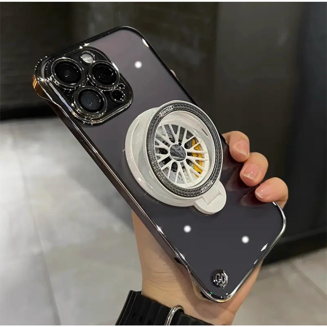 Ultra Slim Frameless Plating PC with Len Protector Phone Case with Metal Magnetic Gyro Rotating Kickstand For iPhone 16ProMax 15 14 13 12 Shockproof Support Wireless Charging Hard Full Cover