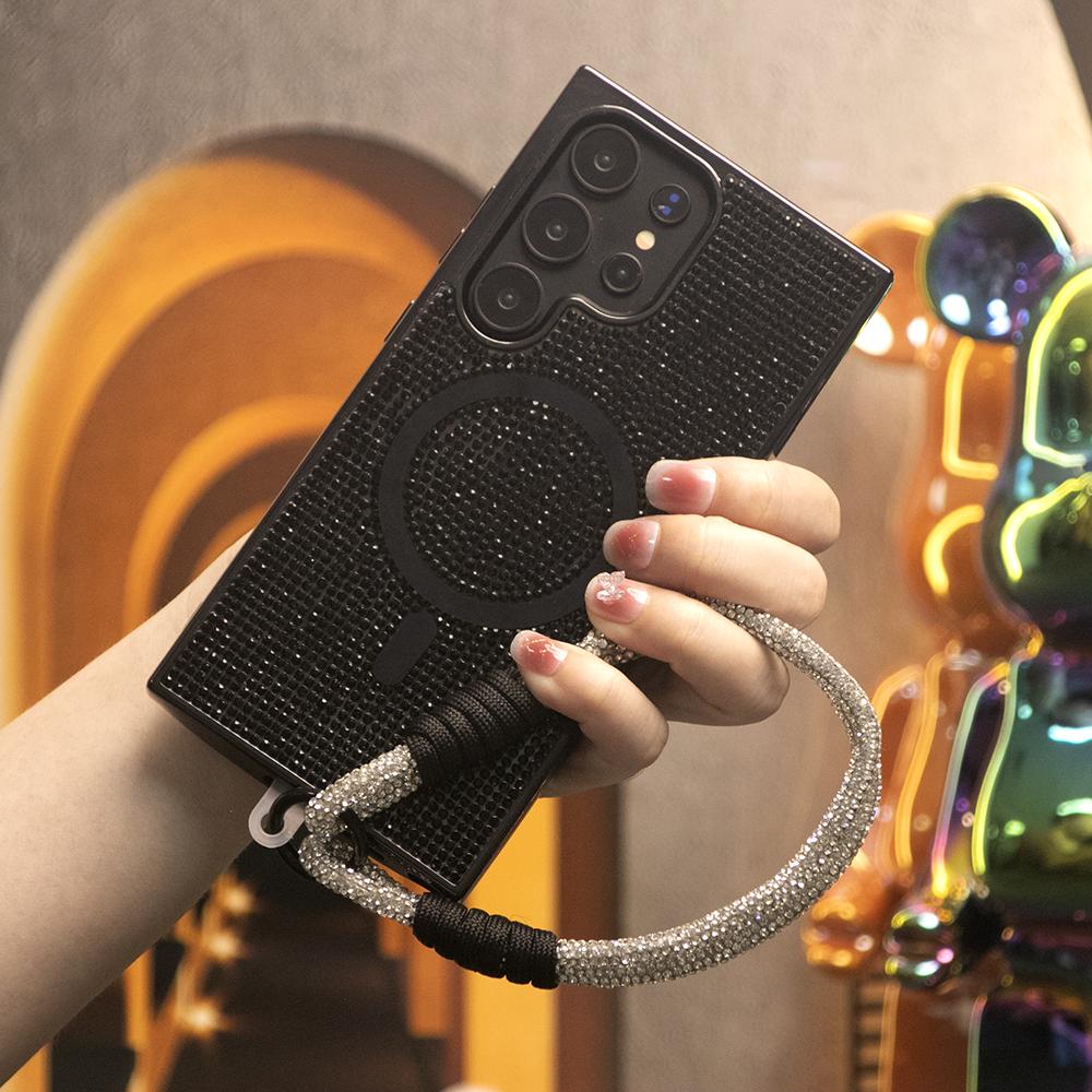 Colorful Glitter Rhinestone Plating Diamonds Strong Magnetic Wireless Charging Phone Case with Woven Diamond Wristband For Samsung S25Ultra S25 S24 S23 Shockproof Protection Hard Cover