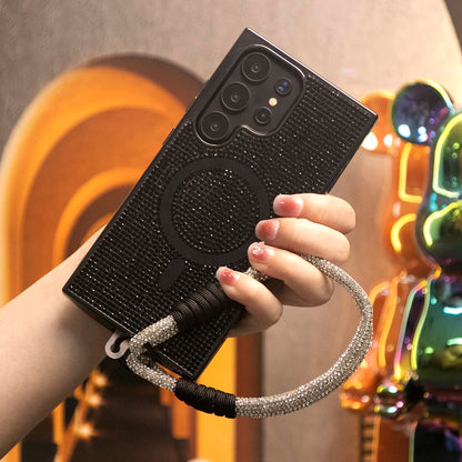 Colorful Glitter Rhinestone Plating Diamonds Strong Magnetic Wireless Charging Phone Case with Woven Diamond Wristband For Samsung S25Ultra S25 S24 S23 Shockproof Protection Hard Cover